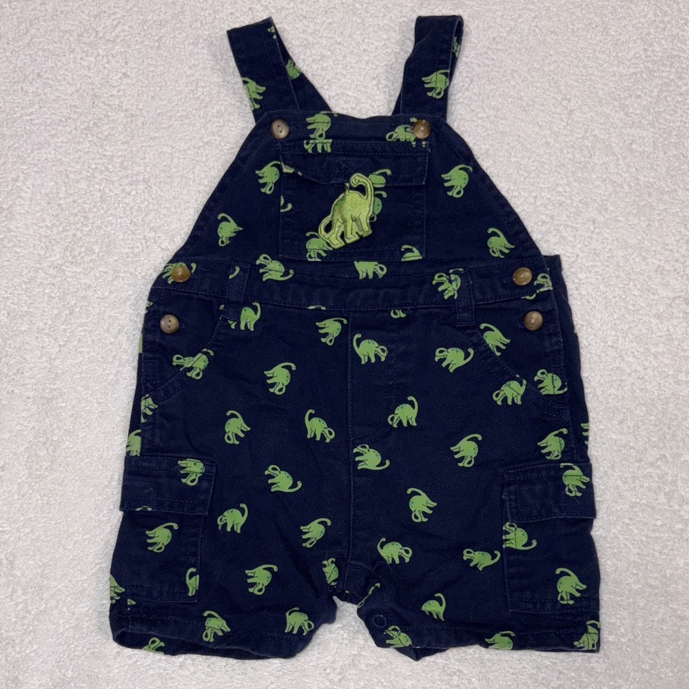 First Impressions Navy short shortalls Overalls with Green Dinosaur Design 12m